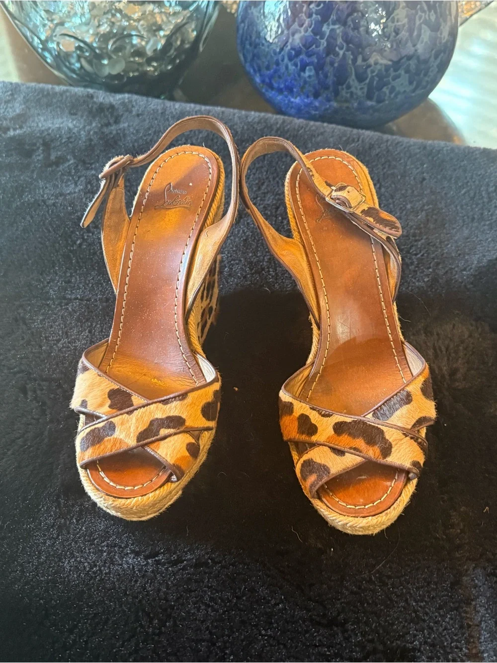Christian Louboutin Leopard Calf Hair Espadrille Wedge Sandals - Brown/Black